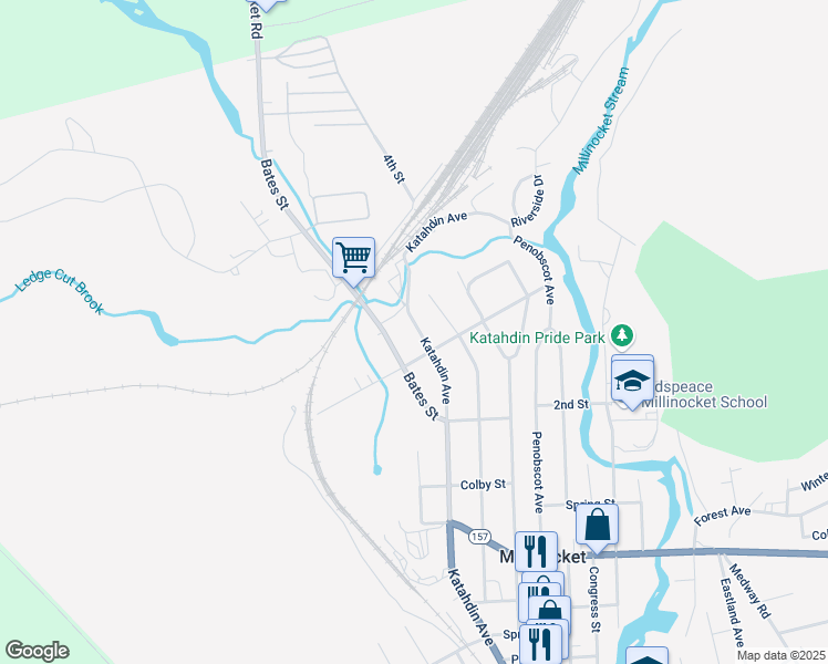 map of restaurants, bars, coffee shops, grocery stores, and more near 403 Katahdin Avenue in Millinocket