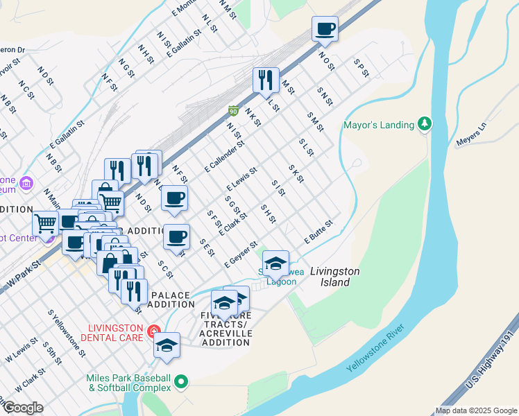 map of restaurants, bars, coffee shops, grocery stores, and more near 304 South H Street in Livingston