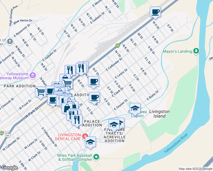 map of restaurants, bars, coffee shops, grocery stores, and more near 200 South F Street in Livingston