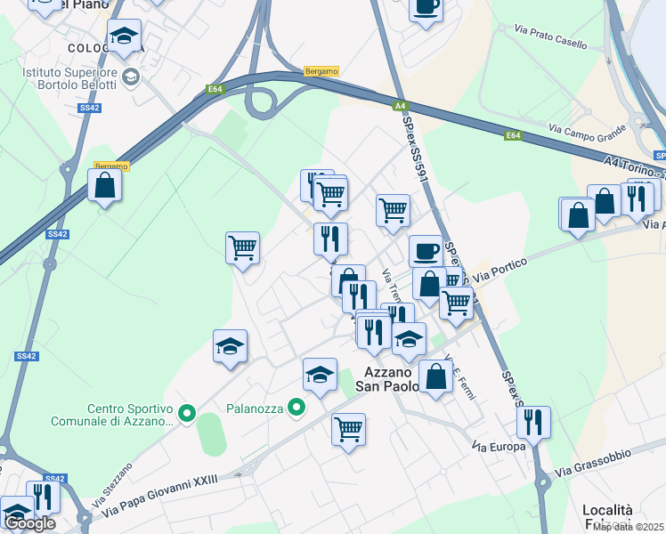 map of restaurants, bars, coffee shops, grocery stores, and more near 31 Via Piave in Azzano San Paolo