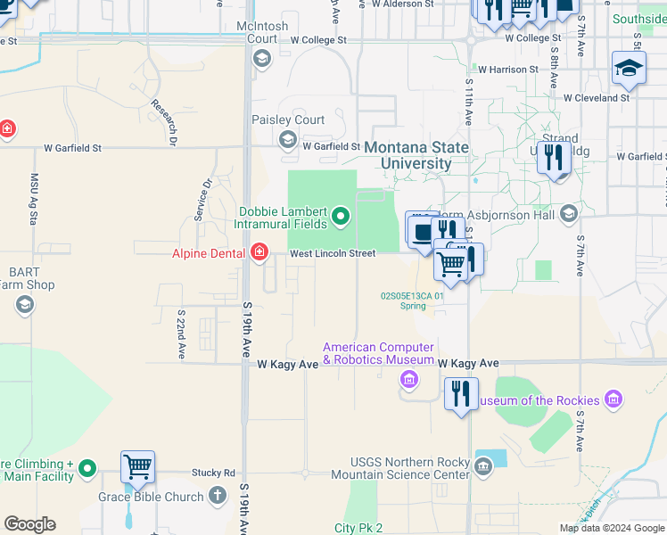 map of restaurants, bars, coffee shops, grocery stores, and more near 1611 Willow Way in Bozeman