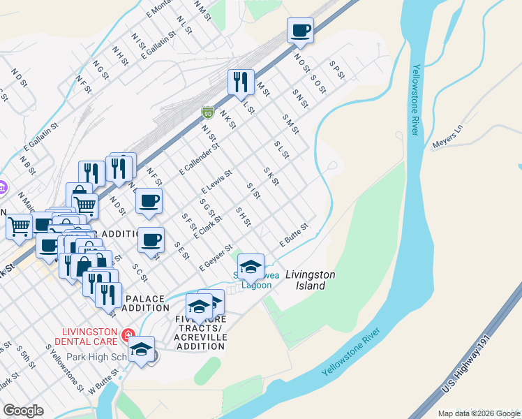 map of restaurants, bars, coffee shops, grocery stores, and more near 322 South I Street in Livingston