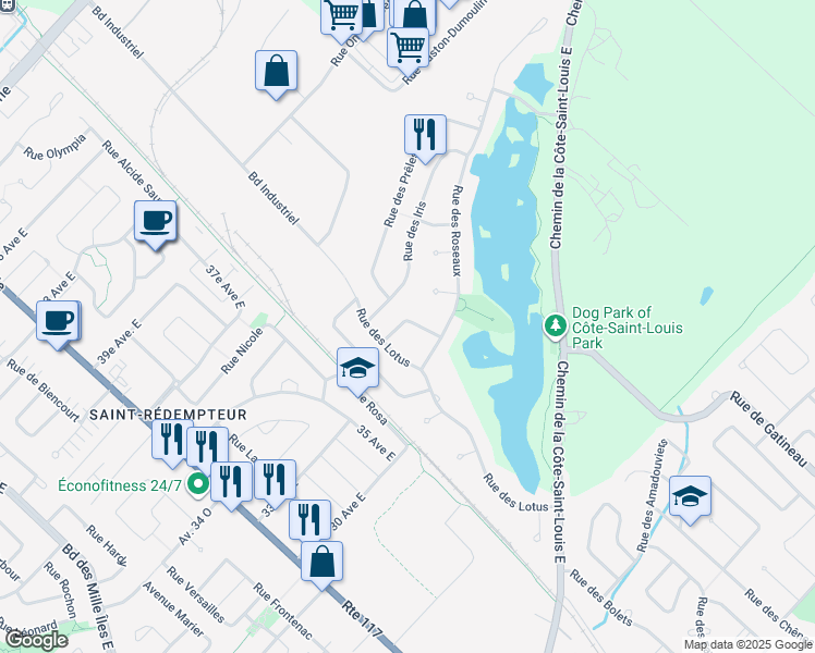 map of restaurants, bars, coffee shops, grocery stores, and more near 11 Rue des Spirees in Blainville