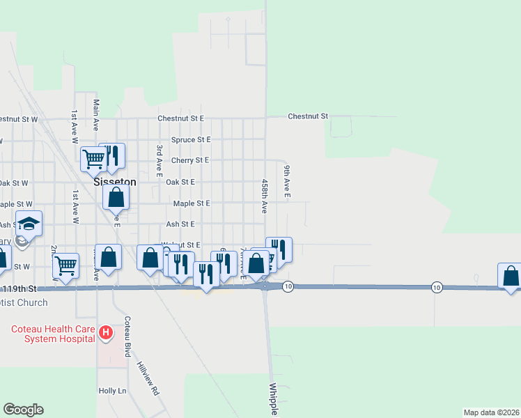 map of restaurants, bars, coffee shops, grocery stores, and more near 701-799 Ash Street East in Sisseton