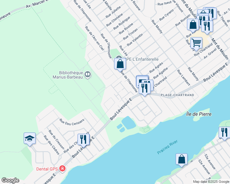 map of restaurants, bars, coffee shops, grocery stores, and more near 7494 Rue Angèle in Laval