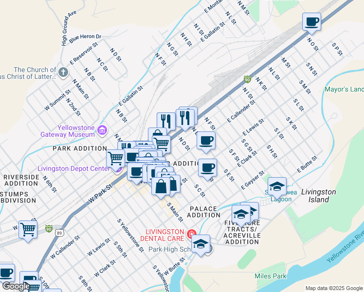 map of restaurants, bars, coffee shops, grocery stores, and more near 109 North D Street in Livingston