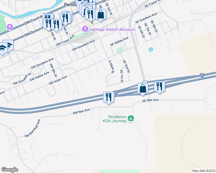 map of restaurants, bars, coffee shops, grocery stores, and more near 6 Southeast Kirk Avenue in Pendleton