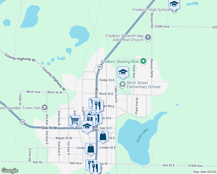 map of restaurants, bars, coffee shops, grocery stores, and more near 404 Polk Avenue North in Frederic