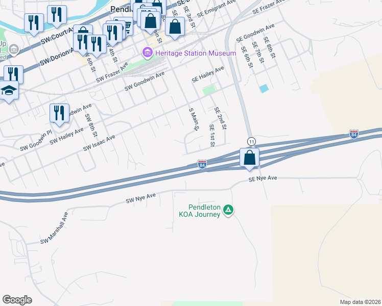 map of restaurants, bars, coffee shops, grocery stores, and more near 24 Southeast Kirk Avenue in Pendleton