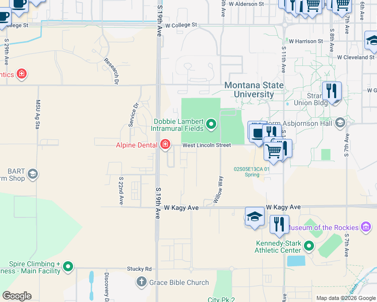 map of restaurants, bars, coffee shops, grocery stores, and more near 1523 Alder Court Lane in Bozeman