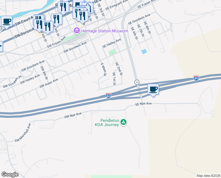map of restaurants, bars, coffee shops, grocery stores, and more near 24 Southeast Kirk Avenue in Pendleton