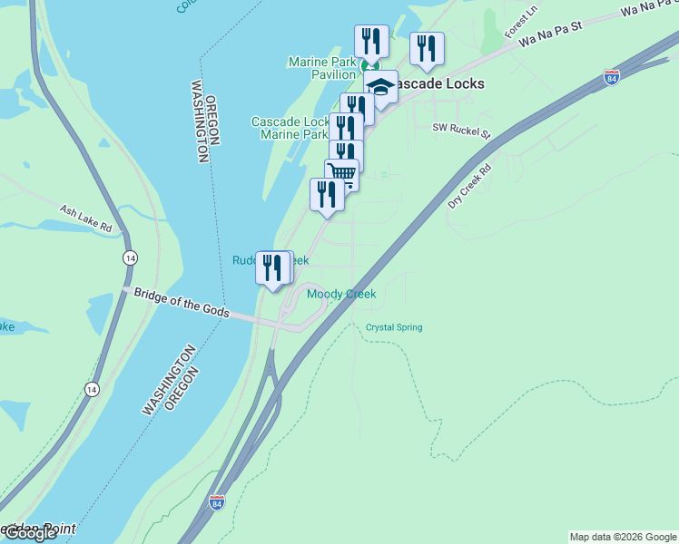 map of restaurants, bars, coffee shops, grocery stores, and more near 39 Southwest Wasco Street in Cascade Locks