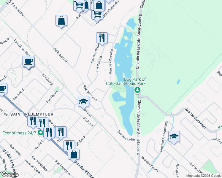 map of restaurants, bars, coffee shops, grocery stores, and more near 11 Rue des Roseaux in Blainville