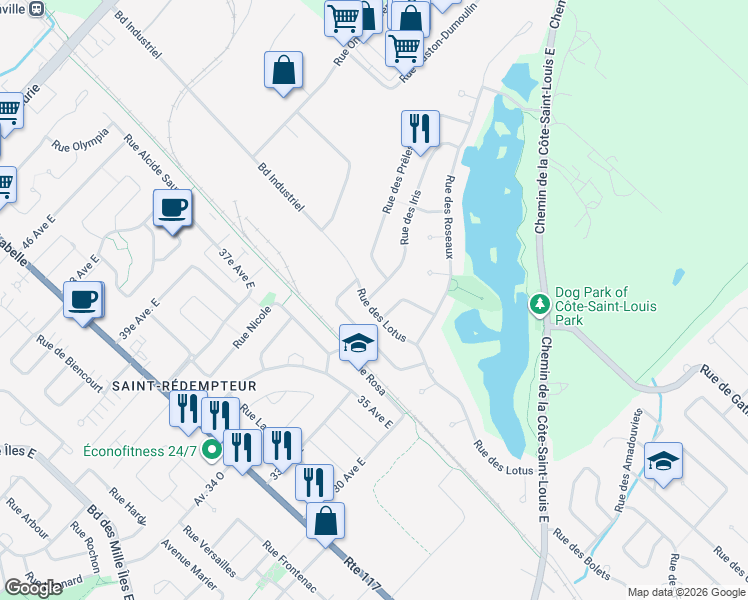 map of restaurants, bars, coffee shops, grocery stores, and more near 1 Rue des Iris in Blainville