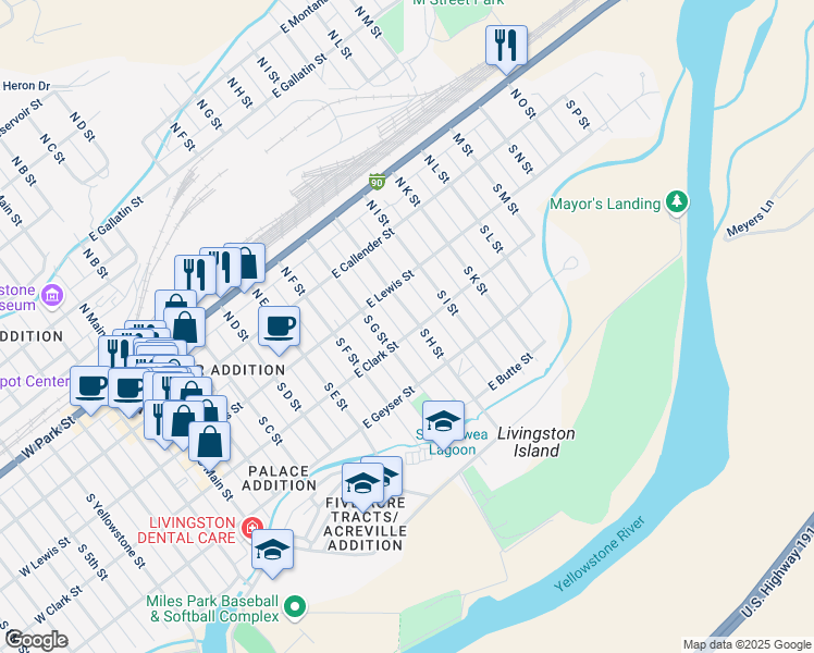 map of restaurants, bars, coffee shops, grocery stores, and more near 304 S H St in Livingston