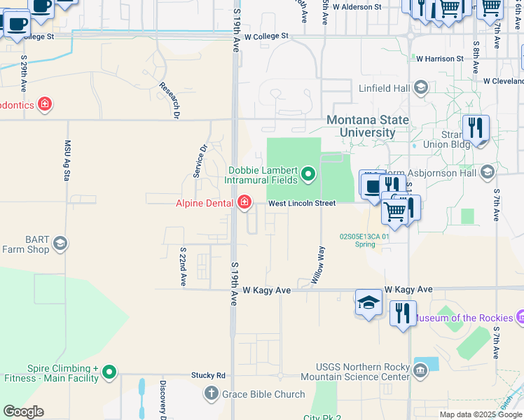 map of restaurants, bars, coffee shops, grocery stores, and more near 1802 West Lincoln Street in Bozeman