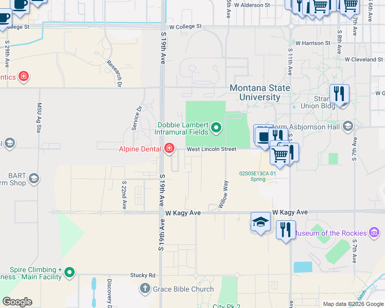 map of restaurants, bars, coffee shops, grocery stores, and more near 1523 Alder Court Lane in Bozeman