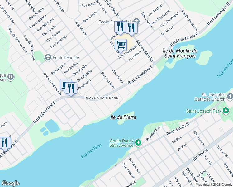 map of restaurants, bars, coffee shops, grocery stores, and more near 380 Rue Lambert in Laval