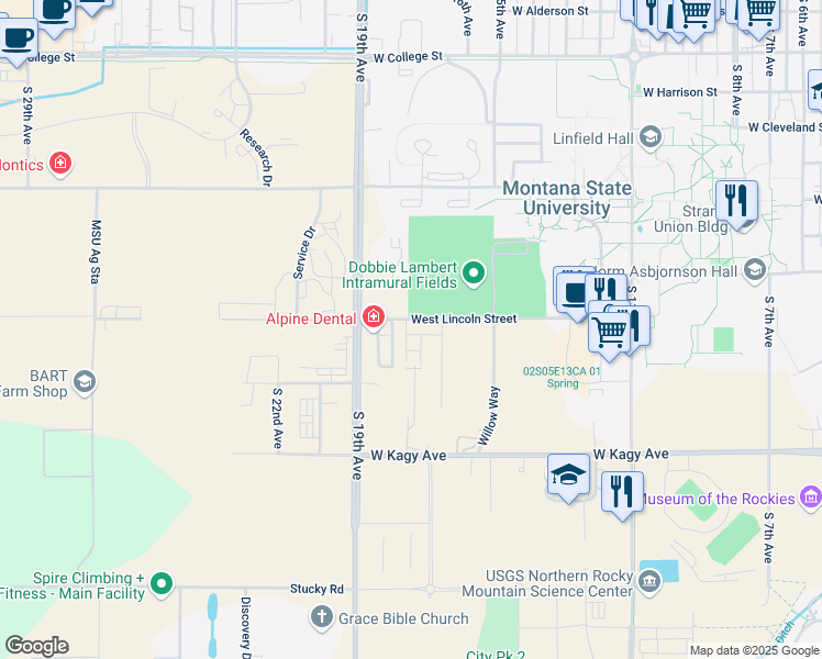 map of restaurants, bars, coffee shops, grocery stores, and more near 1523 Alder Court Lane in Bozeman