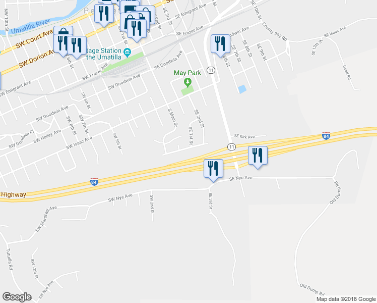 map of restaurants, bars, coffee shops, grocery stores, and more near 42 Southeast Kirk Avenue in Pendleton
