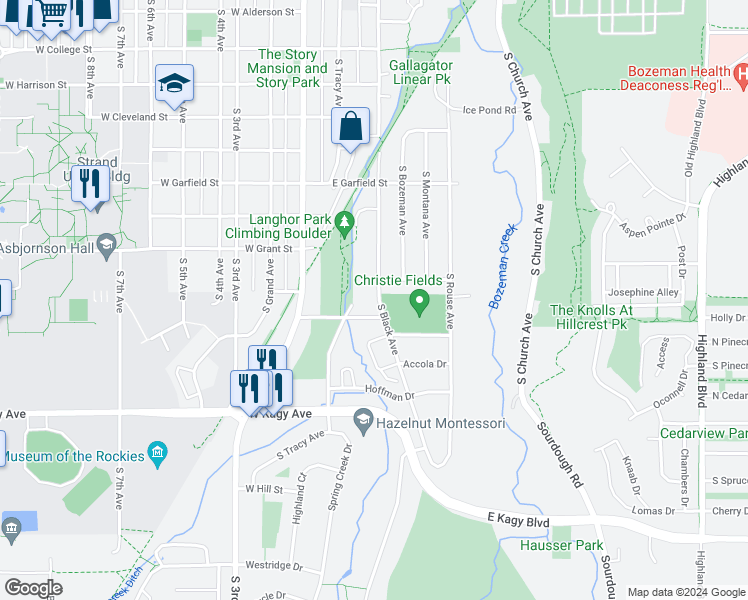 map of restaurants, bars, coffee shops, grocery stores, and more near 1601 South Black Avenue in Bozeman