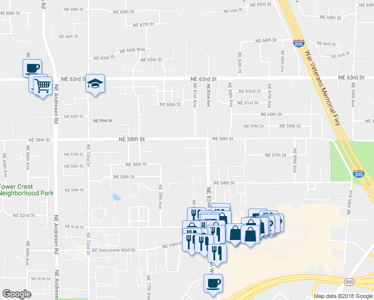 map of restaurants, bars, coffee shops, grocery stores, and more near 5414 Northeast 81st Avenue in Vancouver