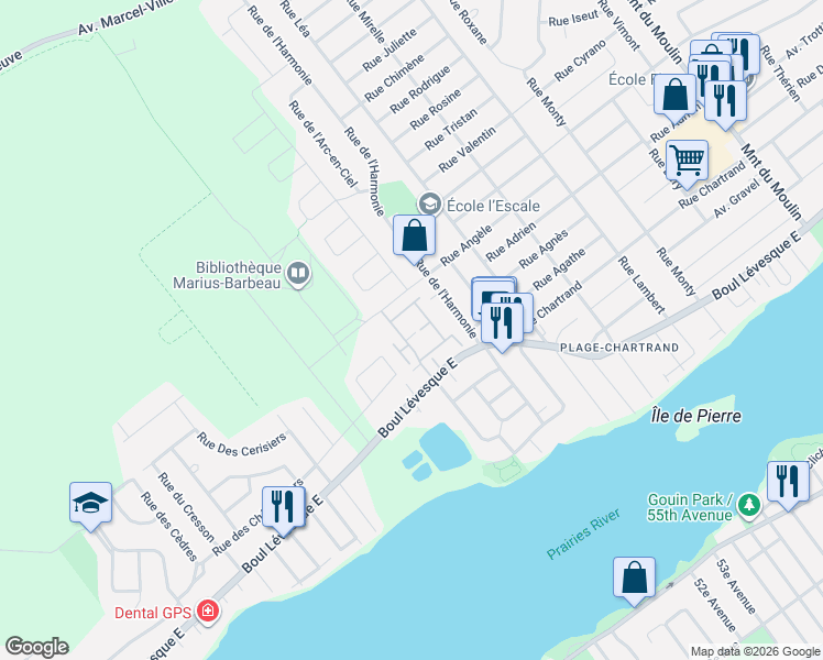 map of restaurants, bars, coffee shops, grocery stores, and more near 7472 Rue Angèle in Laval