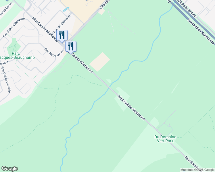 map of restaurants, bars, coffee shops, grocery stores, and more near Montée Sainte Marianne in Mirabel