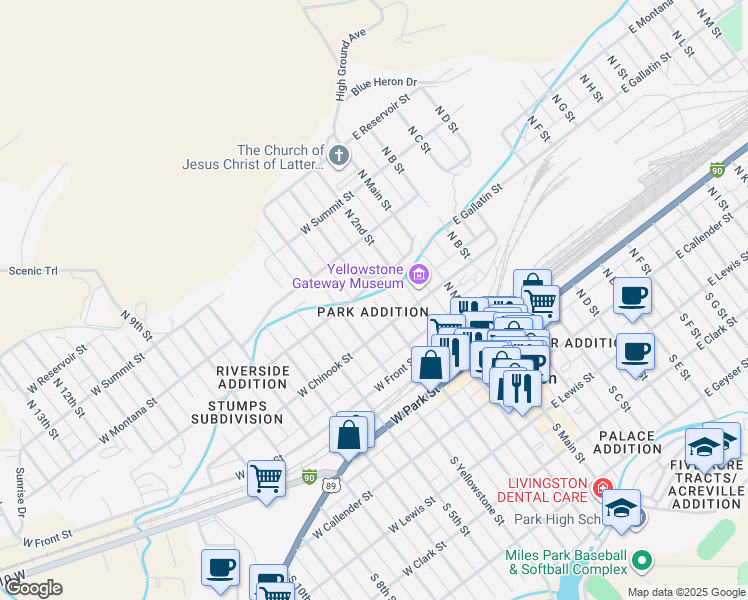 map of restaurants, bars, coffee shops, grocery stores, and more near North 3rd Street in Livingston