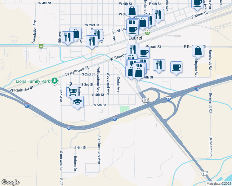 map of restaurants, bars, coffee shops, grocery stores, and more near 304 Cedar Avenue in Laurel