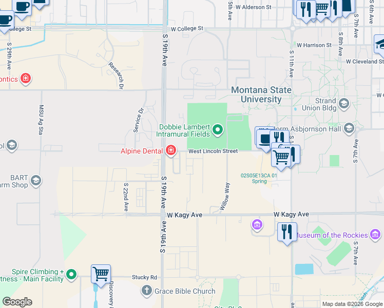 map of restaurants, bars, coffee shops, grocery stores, and more near 1601-1699 W Lincoln St in Bozeman