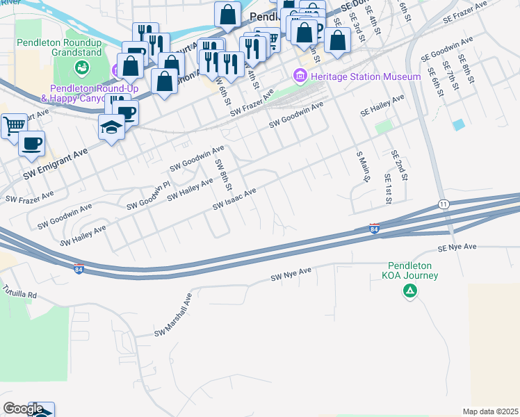 map of restaurants, bars, coffee shops, grocery stores, and more near 803 Southwest 6th Street in Pendleton