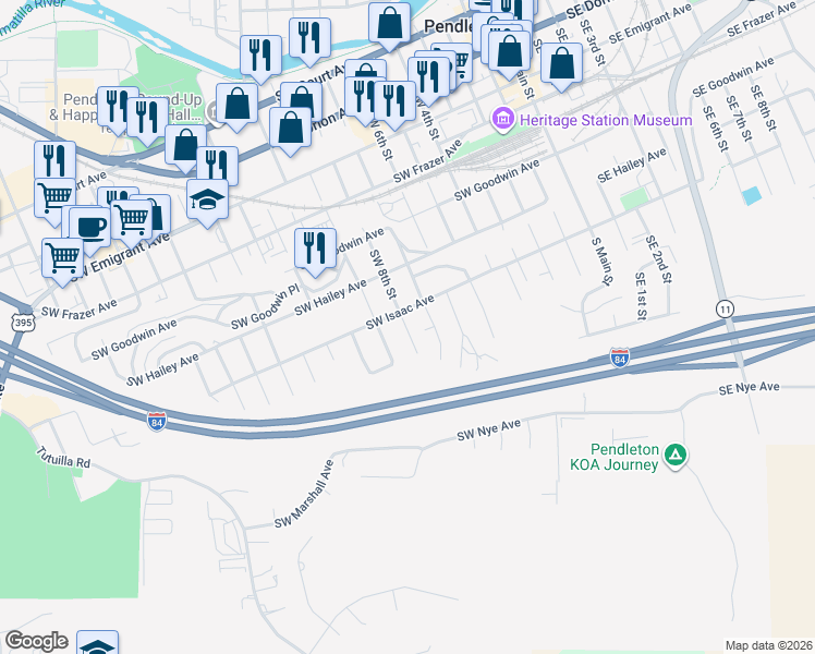 map of restaurants, bars, coffee shops, grocery stores, and more near 722 Southwest 8th Street in Pendleton