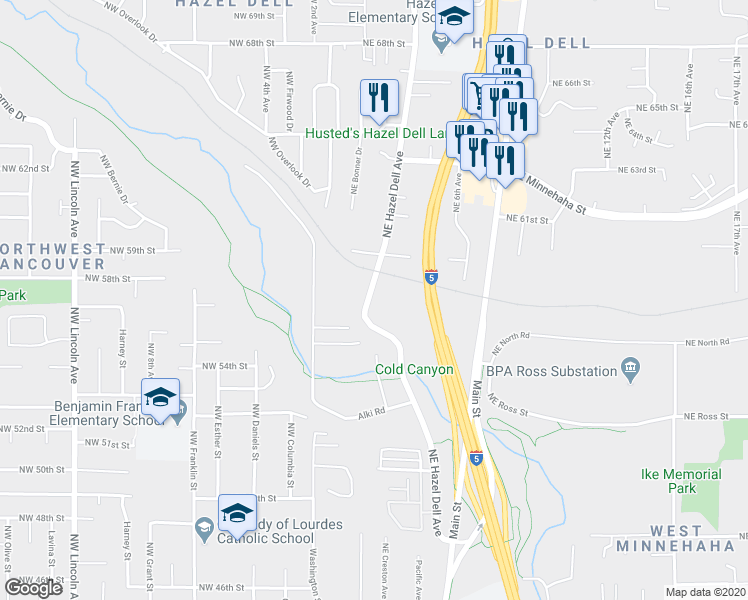 map of restaurants, bars, coffee shops, grocery stores, and more near 5804 Northeast Hazel Dell Avenue in Vancouver