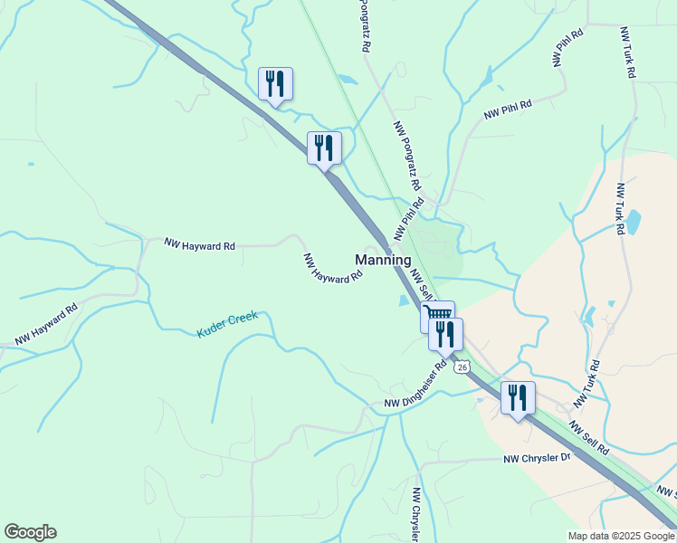 map of restaurants, bars, coffee shops, grocery stores, and more near Northwest Hayward Road in Manning
