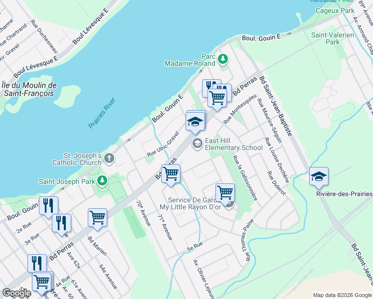 map of restaurants, bars, coffee shops, grocery stores, and more near 10264 Boulevard Perras in Montréal