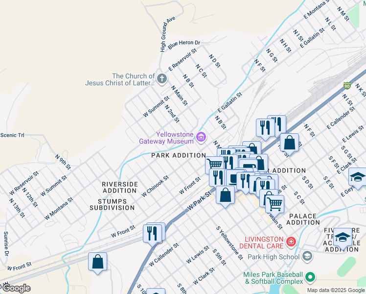 map of restaurants, bars, coffee shops, grocery stores, and more near 506 North 3rd Street in Livingston