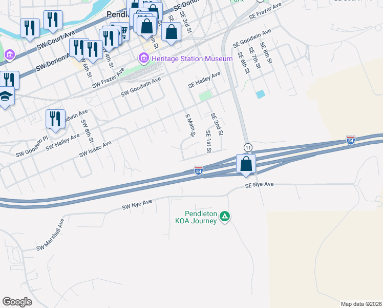 map of restaurants, bars, coffee shops, grocery stores, and more near 932 South Main Street in Pendleton