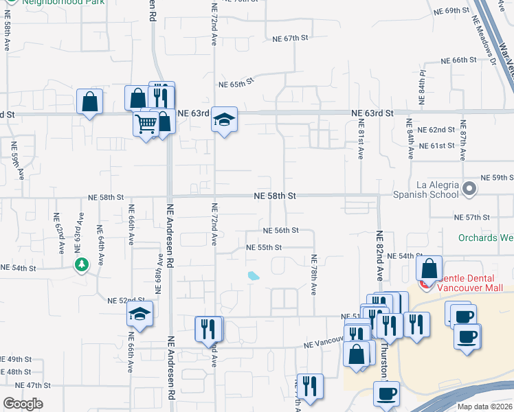 map of restaurants, bars, coffee shops, grocery stores, and more near 7417 Northeast 58th Way in Vancouver