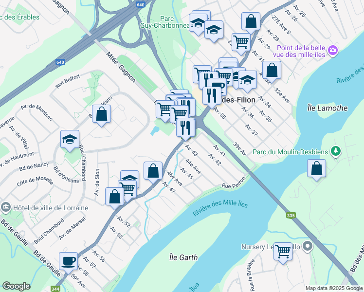 map of restaurants, bars, coffee shops, grocery stores, and more near 488 Boulevard Adolphe-Chapleau in Bois-des-Filion