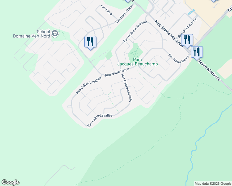 map of restaurants, bars, coffee shops, grocery stores, and more near 17140 Rue André-Prévost in Mirabel