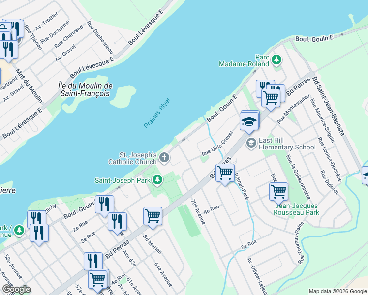 map of restaurants, bars, coffee shops, grocery stores, and more near 12647 71ᵉ Avenue in Montréal