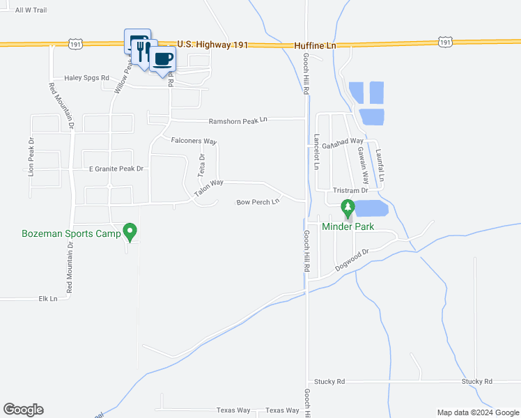 map of restaurants, bars, coffee shops, grocery stores, and more near 53 Bow Perch Lane in Bozeman
