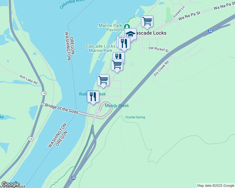 map of restaurants, bars, coffee shops, grocery stores, and more near 520 Southwest Moody Avenue in Cascade Locks