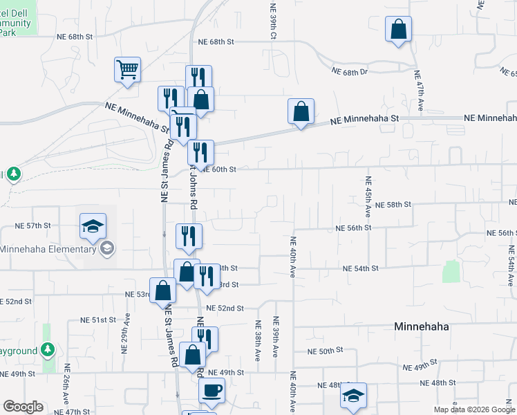 map of restaurants, bars, coffee shops, grocery stores, and more near 5901 Northeast 38th Court in Vancouver
