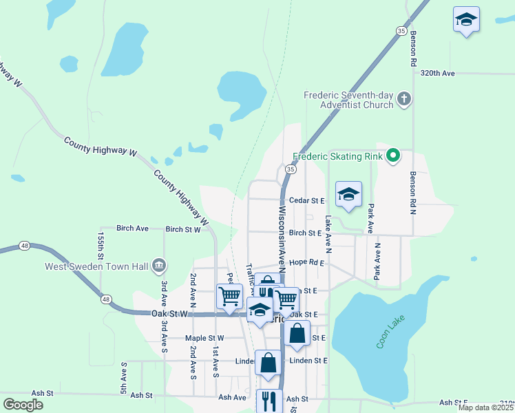 map of restaurants, bars, coffee shops, grocery stores, and more near 500 Traffic Avenue North in Frederic