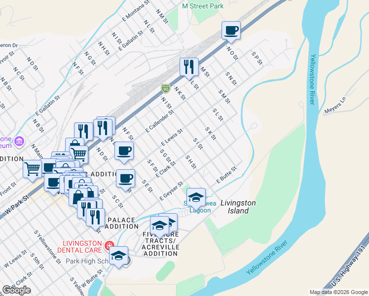 map of restaurants, bars, coffee shops, grocery stores, and more near 202 S I St in Livingston