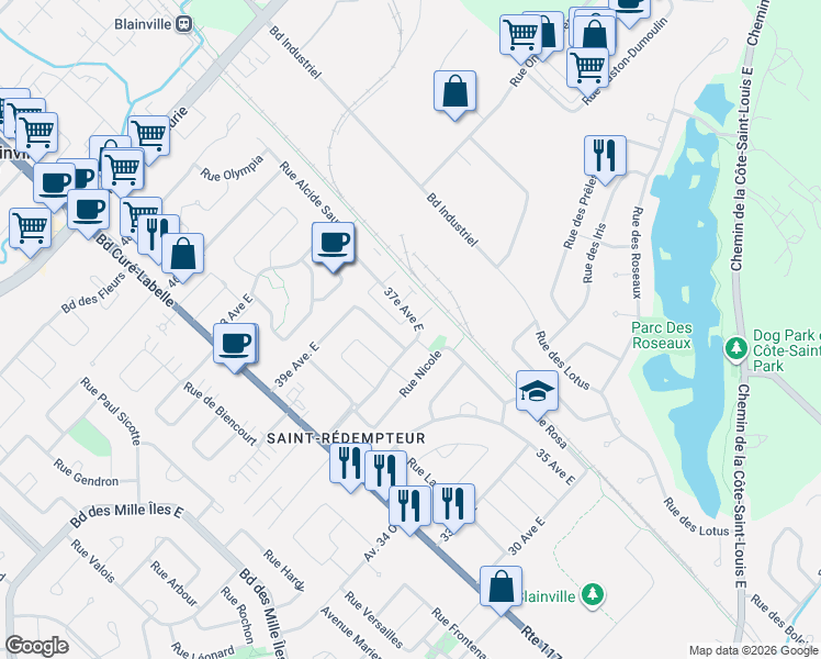 map of restaurants, bars, coffee shops, grocery stores, and more near 50 37e Avenue East in Blainville