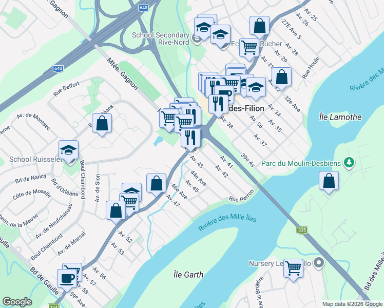map of restaurants, bars, coffee shops, grocery stores, and more near 482 Boulevard Adolphe-Chapleau in Bois-des-Filion
