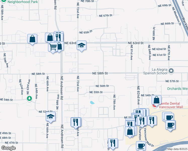 map of restaurants, bars, coffee shops, grocery stores, and more near 7417 Northeast 58th Way in Vancouver